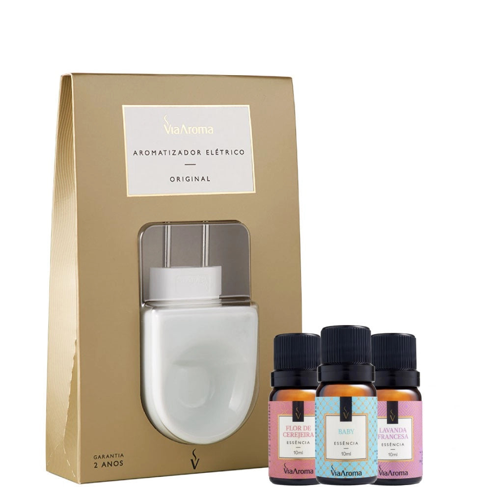Kit Aromatizador Elétrico Original mais 3 Essências Via Aroma - Lavanda Francesa, Flor de Cerejeira e Baby