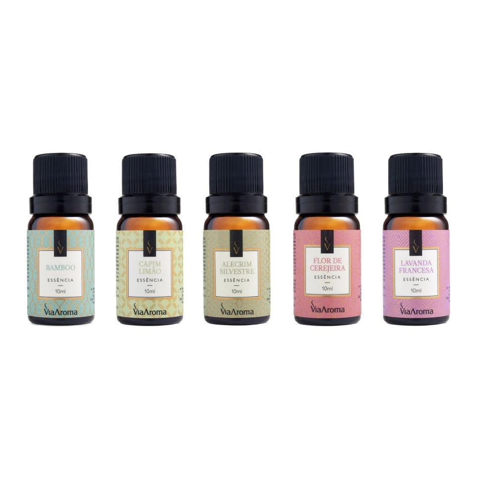 Kit 5 Essências Via Aroma - Alecrim, Bamboo, Capim Limão, Flor de Cerejeira, Lavanda Francesa
