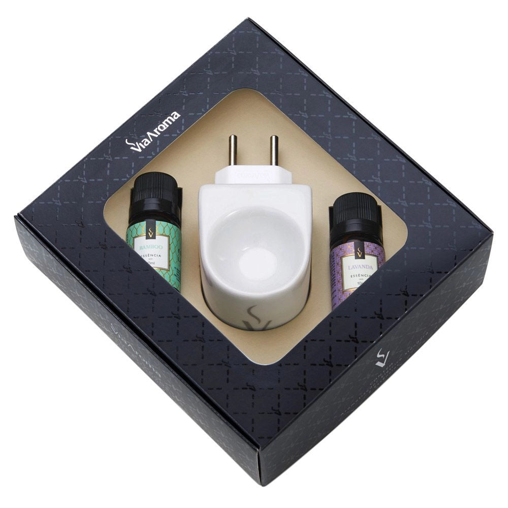 Kit Presente Aromatizador Elétrico Original mais 2 Essências Via Aroma - Bamboo e Lavanda