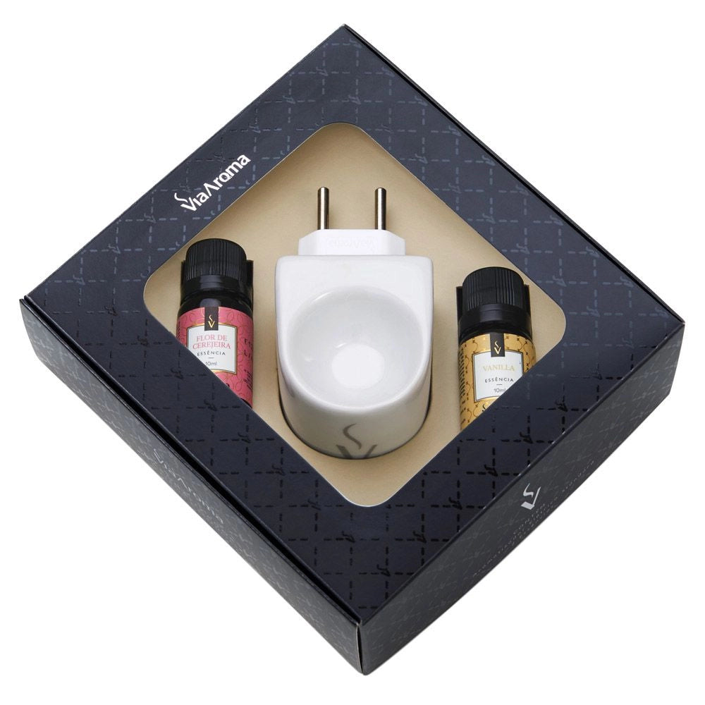 Kit Presente Aromatizador Elétrico Original mais 2 Essências Via Aroma - Flor de Cerejeira e Vanilla