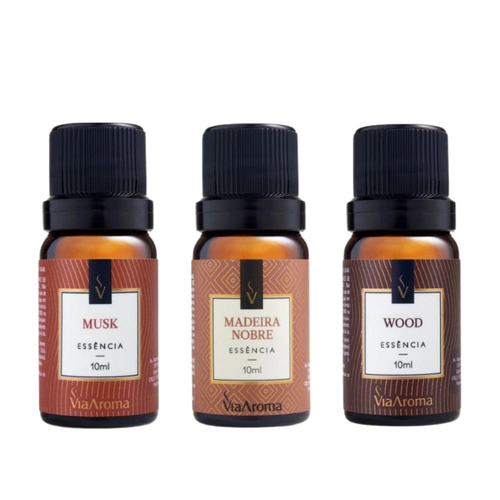 Kit 3 Essências Via Aroma - Madeira Nobre, Musk e Wood