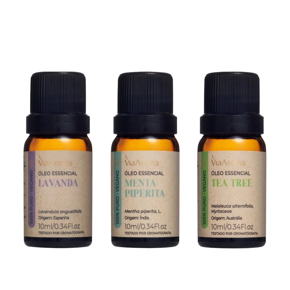 Kit 3 Óleos Essenciais Via Aroma - Lavanda, Menta Piperita e Tea Tree