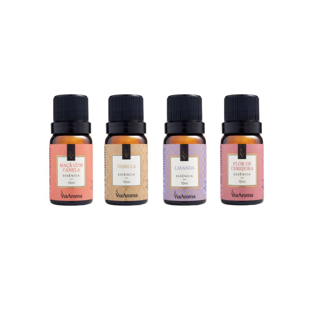 Kit 4 Essências Via Aroma -  Flor de cerejeira, Lavanda, Maçã com canela e Vanilla