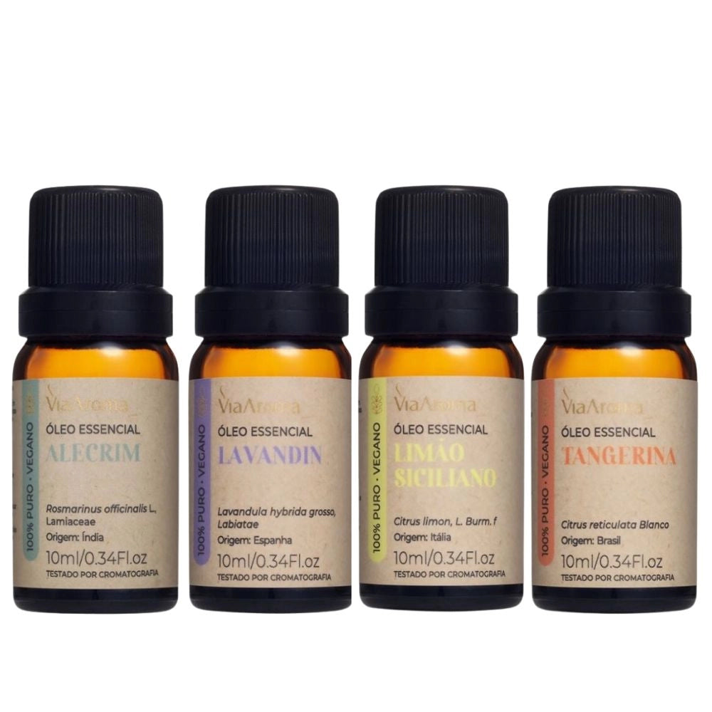 Kit 4 Óleos Essenciais Via Aroma – Alecrim, Lavandin , Limão Siciliano e Tangerina