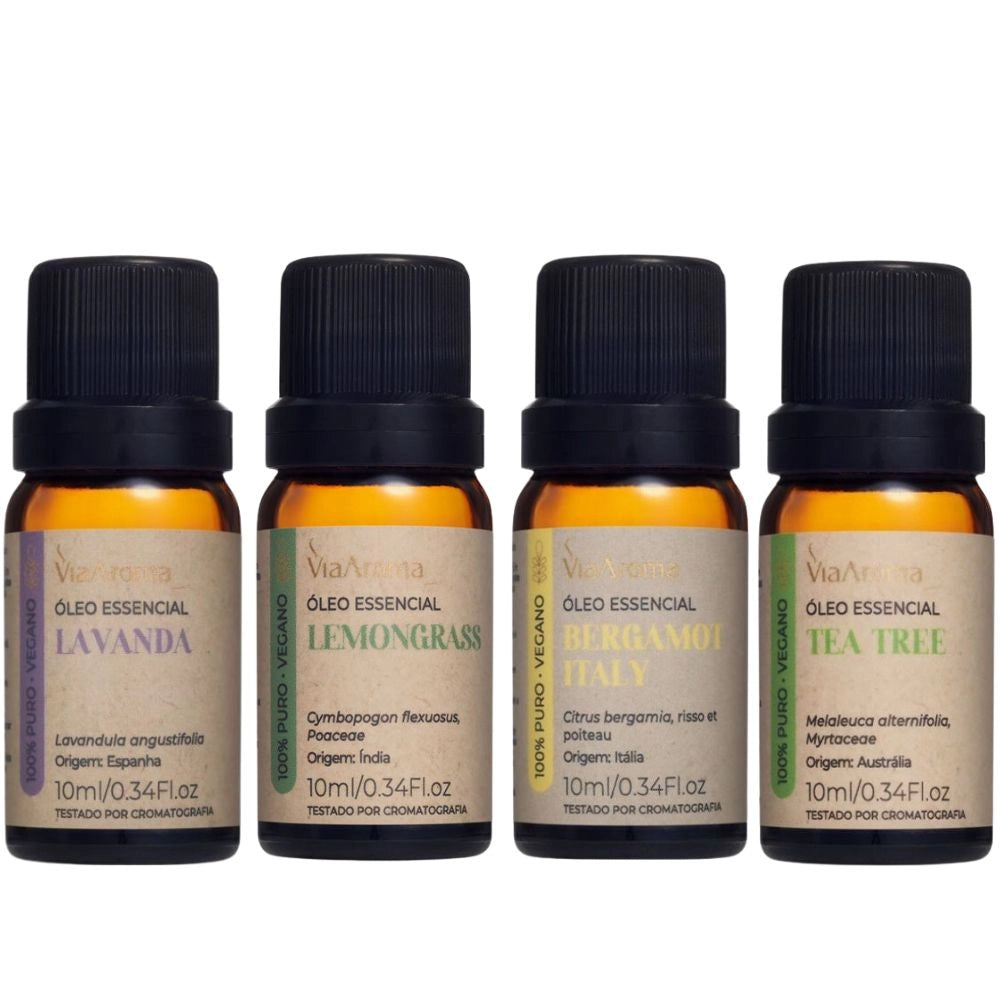 Kit 4 Óleos Essenciais Via Aroma – Bergamot Italy, Lavanda, Lemongrass e Tea Tree.
