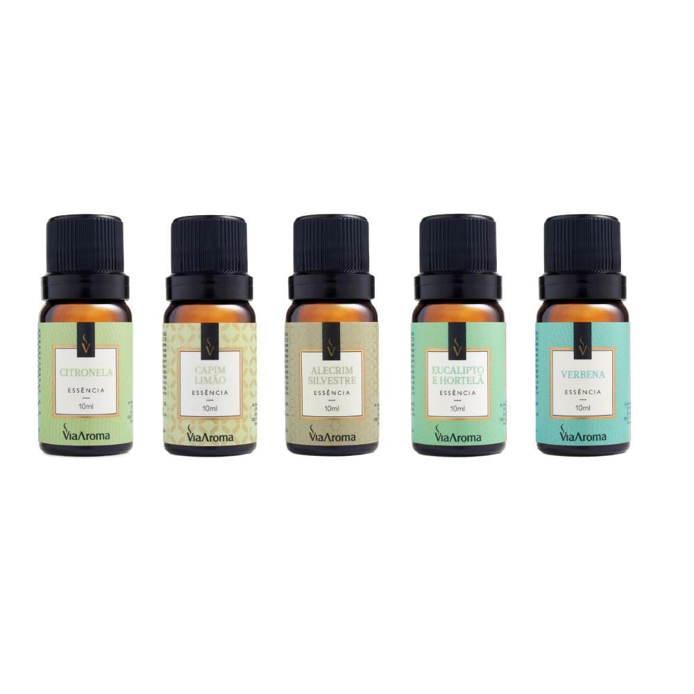 Kit 5 Essências Via Aroma - Alecrim Silvestre, Capim Limão, Citronela, Eucalipto e Hortelã e Verbena