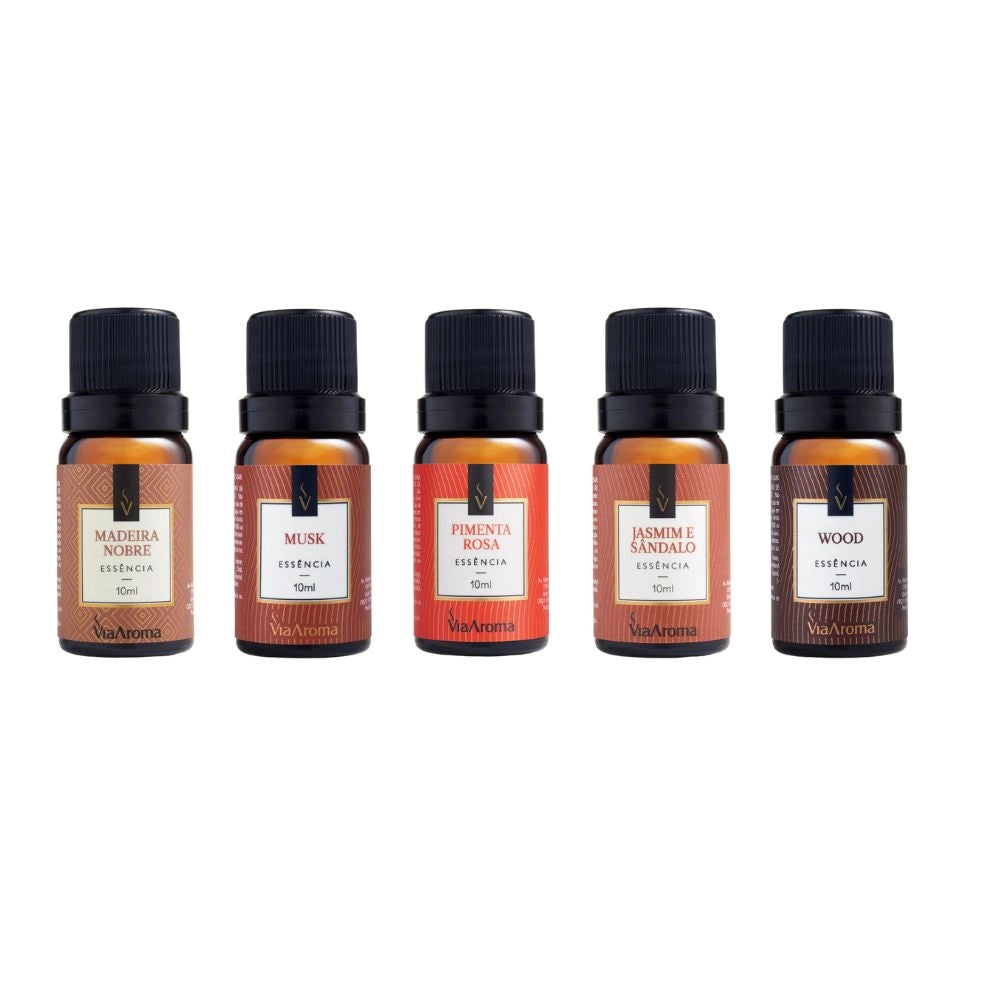Kit 5 Essências Via Aroma - Jasmim e Sândalo, Madeira Nobre, Musk, Pimenta Rosa e Wood