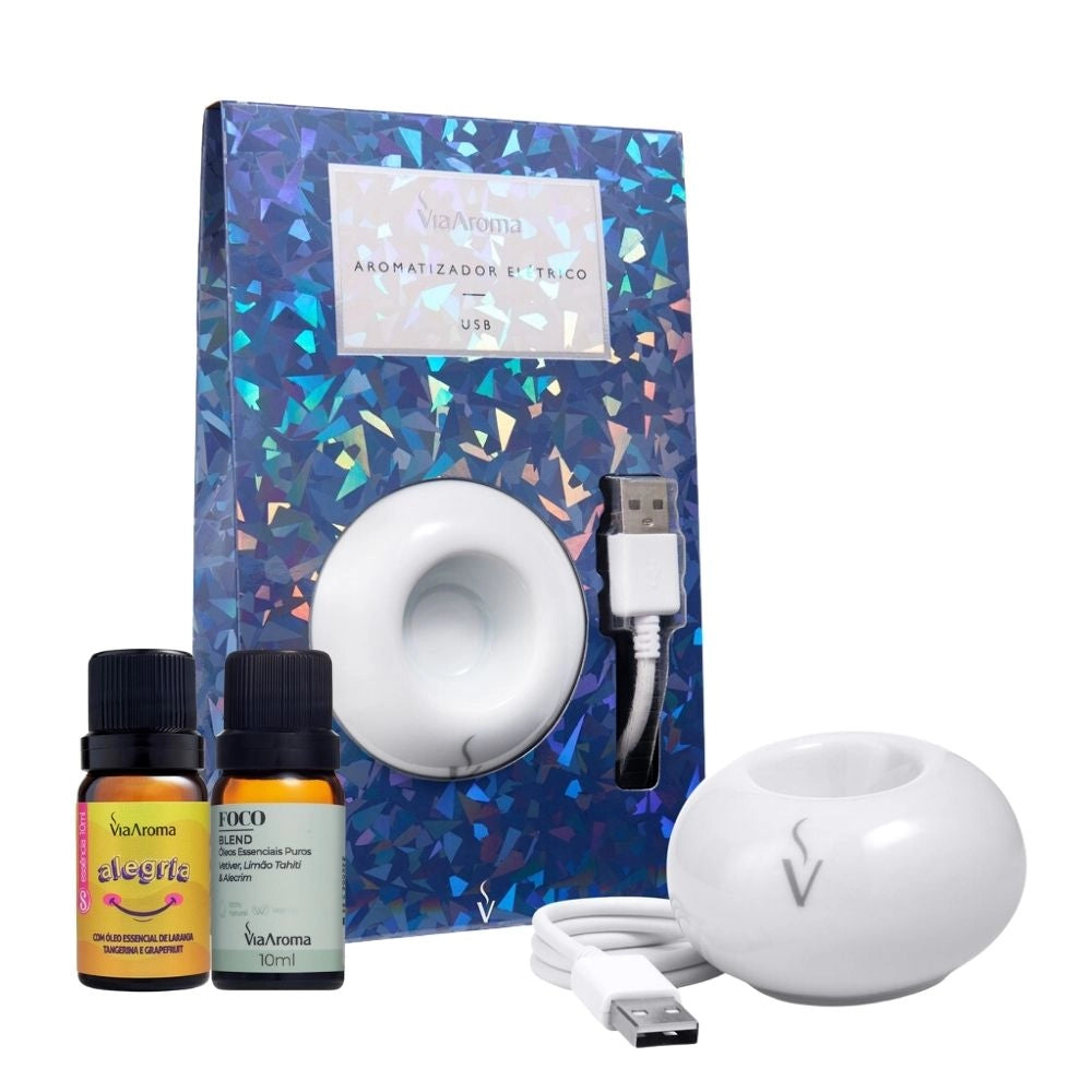 Kit Aromatizador Elétrico USB mais Blend Foco e Essência Alegria Via Aroma